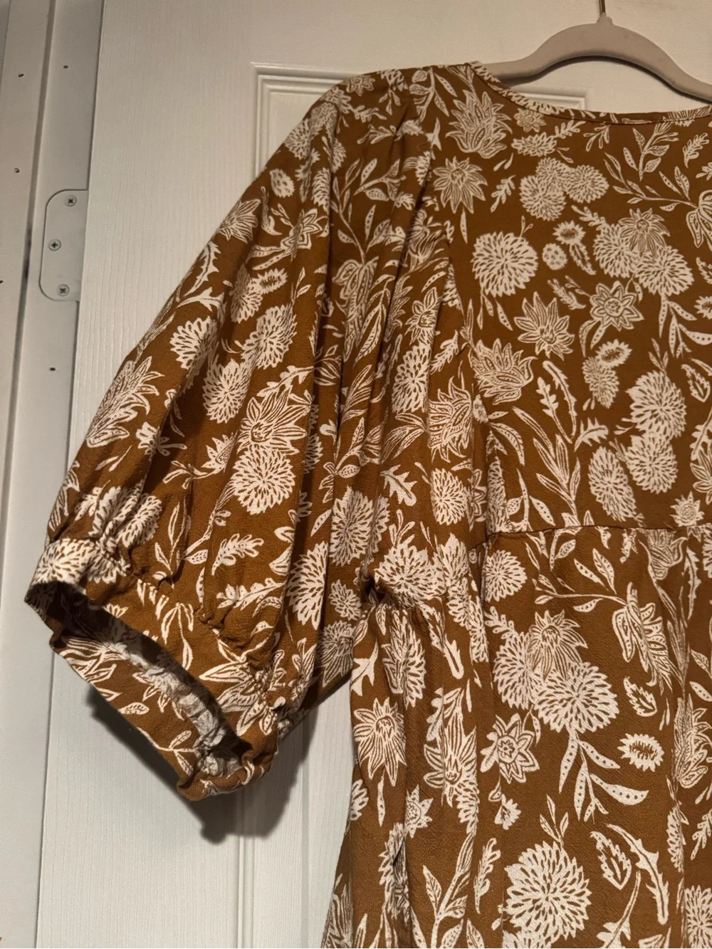 Universal Thread Sz XL Raw Umber Brown Floral Puff-Sleeve Cotton Mini Dress - Picture 8 of 13